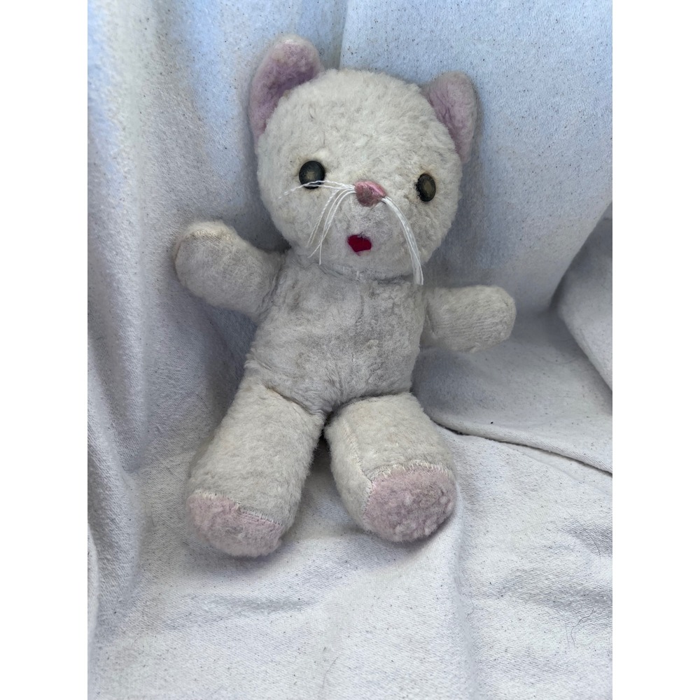Vintage Unisex Knickerbocker Kitty Kuddles Plush Cat 10 Inch White Pink